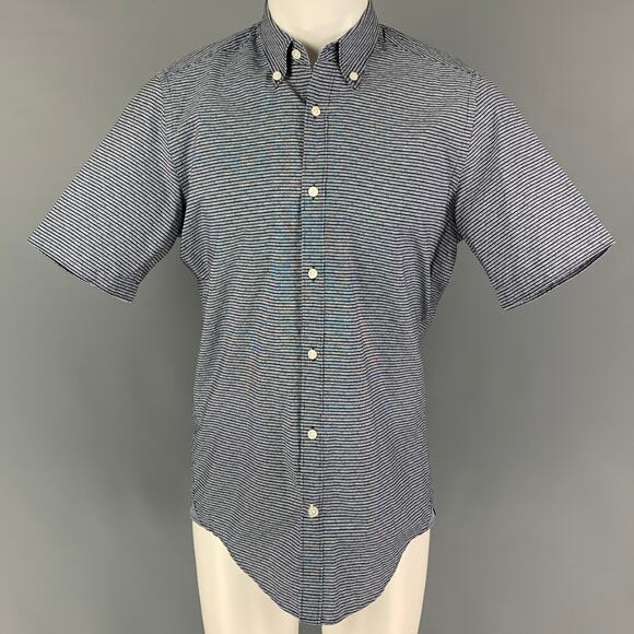 BOSS by HUGO BOSS Size M Navy White Stripe Cotton Short Sleeve Shirt - Picture 1 of 7